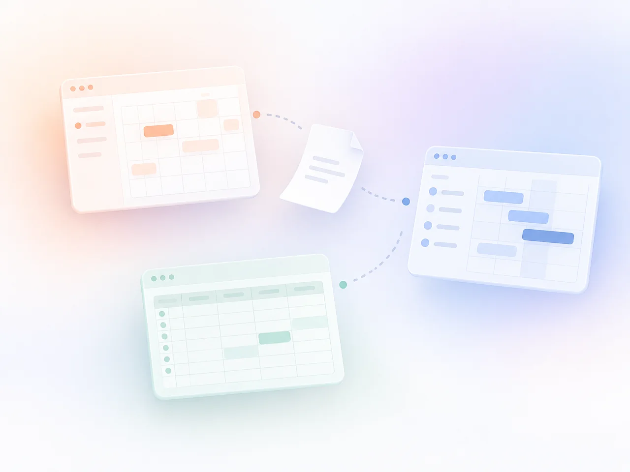 A planner, a timesheet and a spreadsheet, with one paper sheet travelling between them