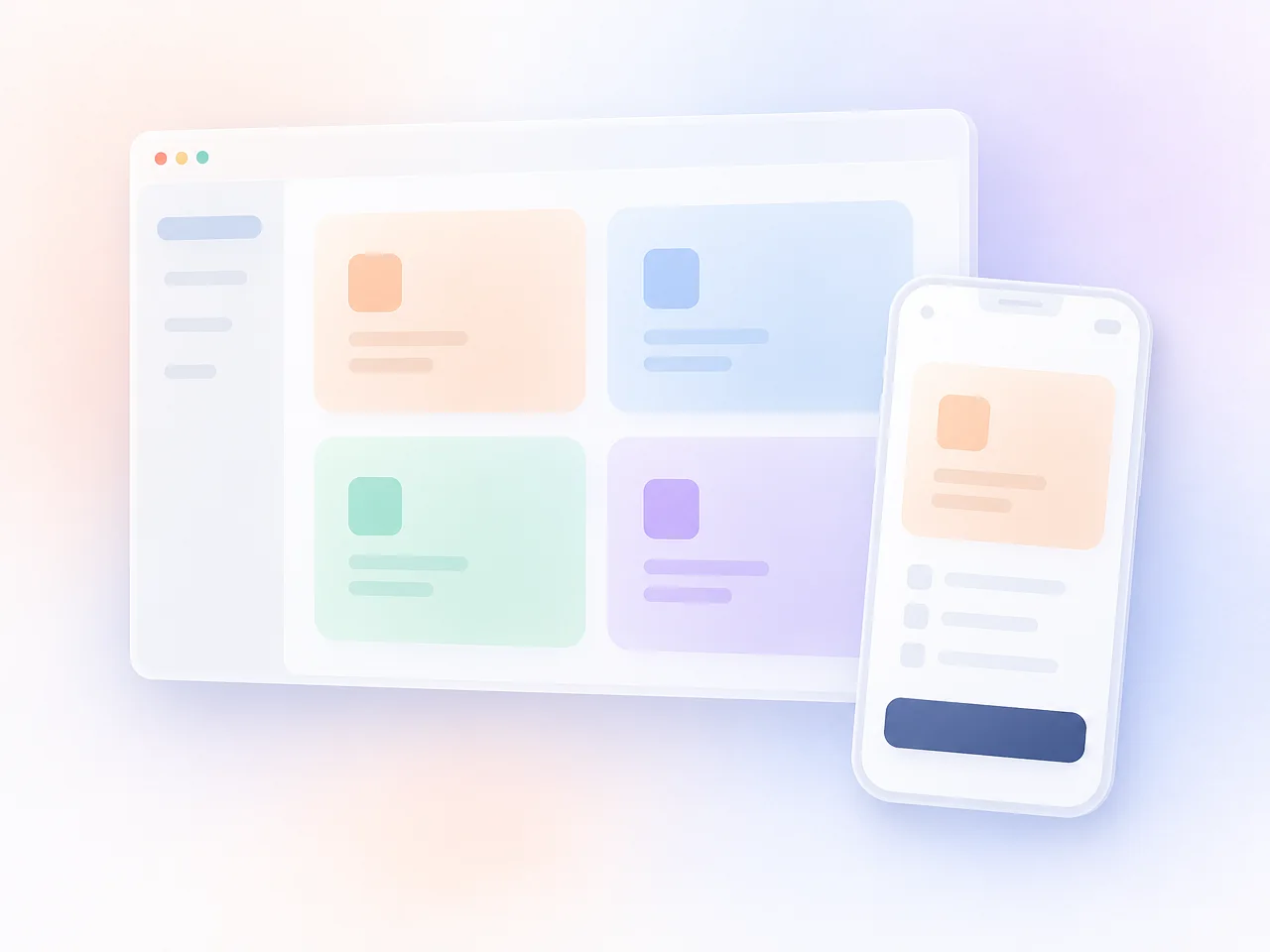 One app window with four modules, and a phone with the same app