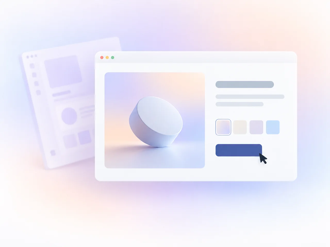 A design file in the background and a live product window in front, with a cursor on its button