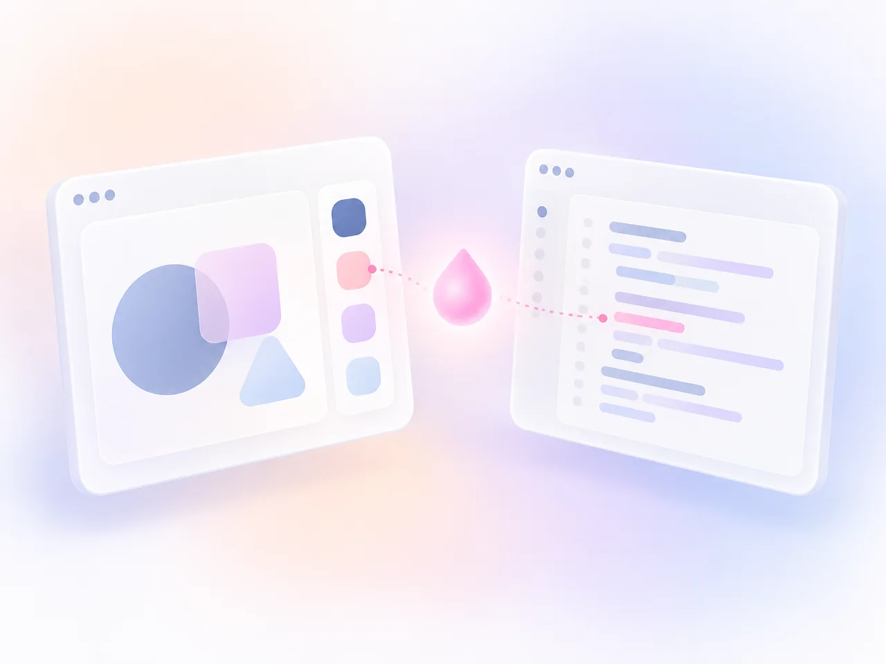 A design canvas and a code editor sharing one pink colour swatch