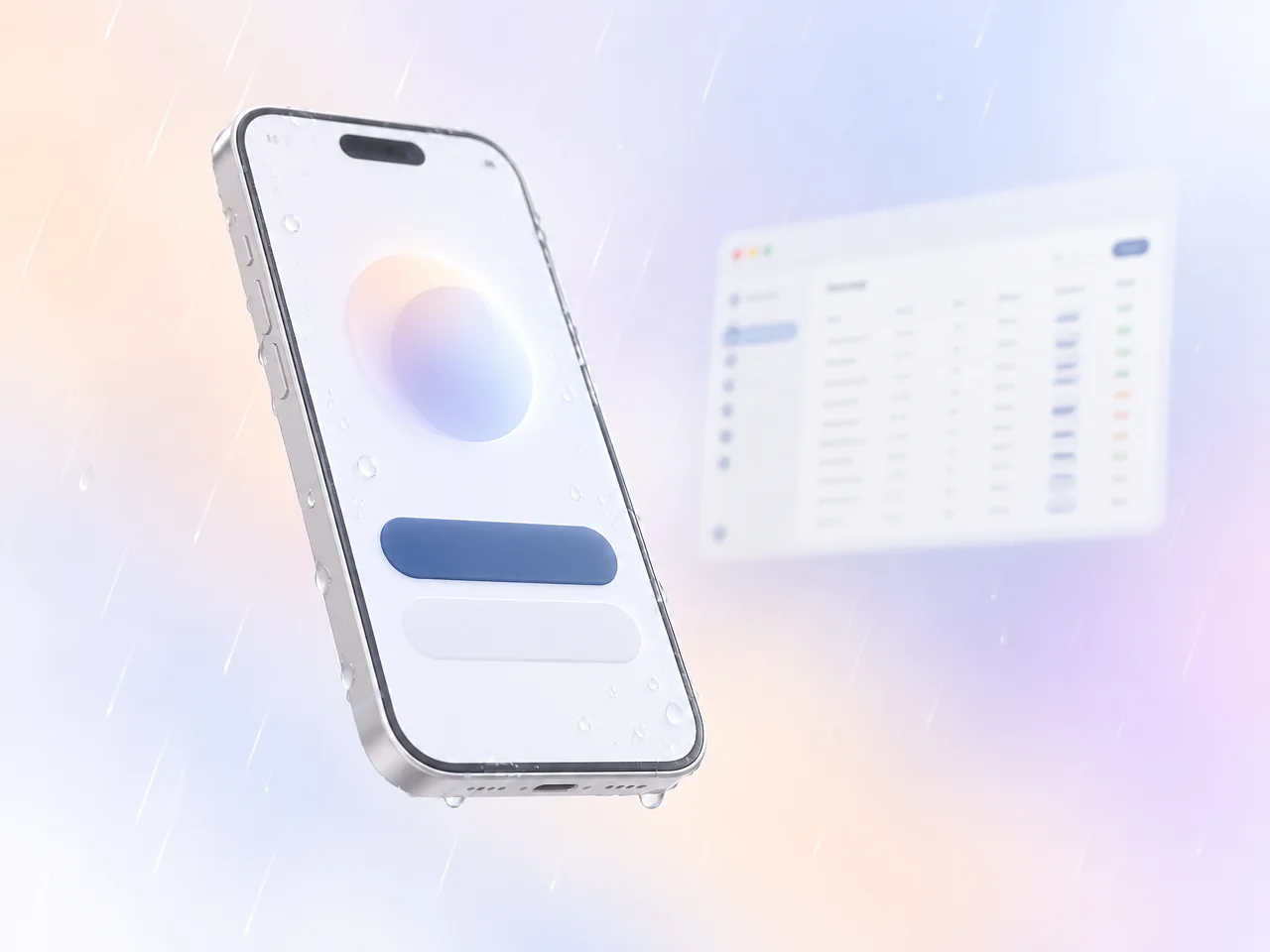 A phone with two big buttons in the rain, and an office screen with a dense table far behind