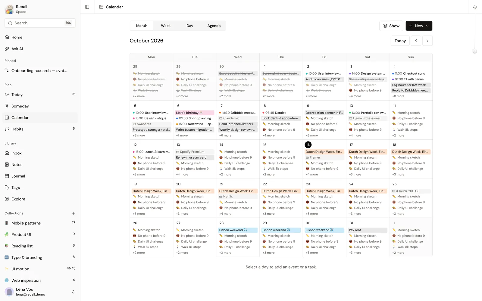 The month calendar with tasks and events on each day
