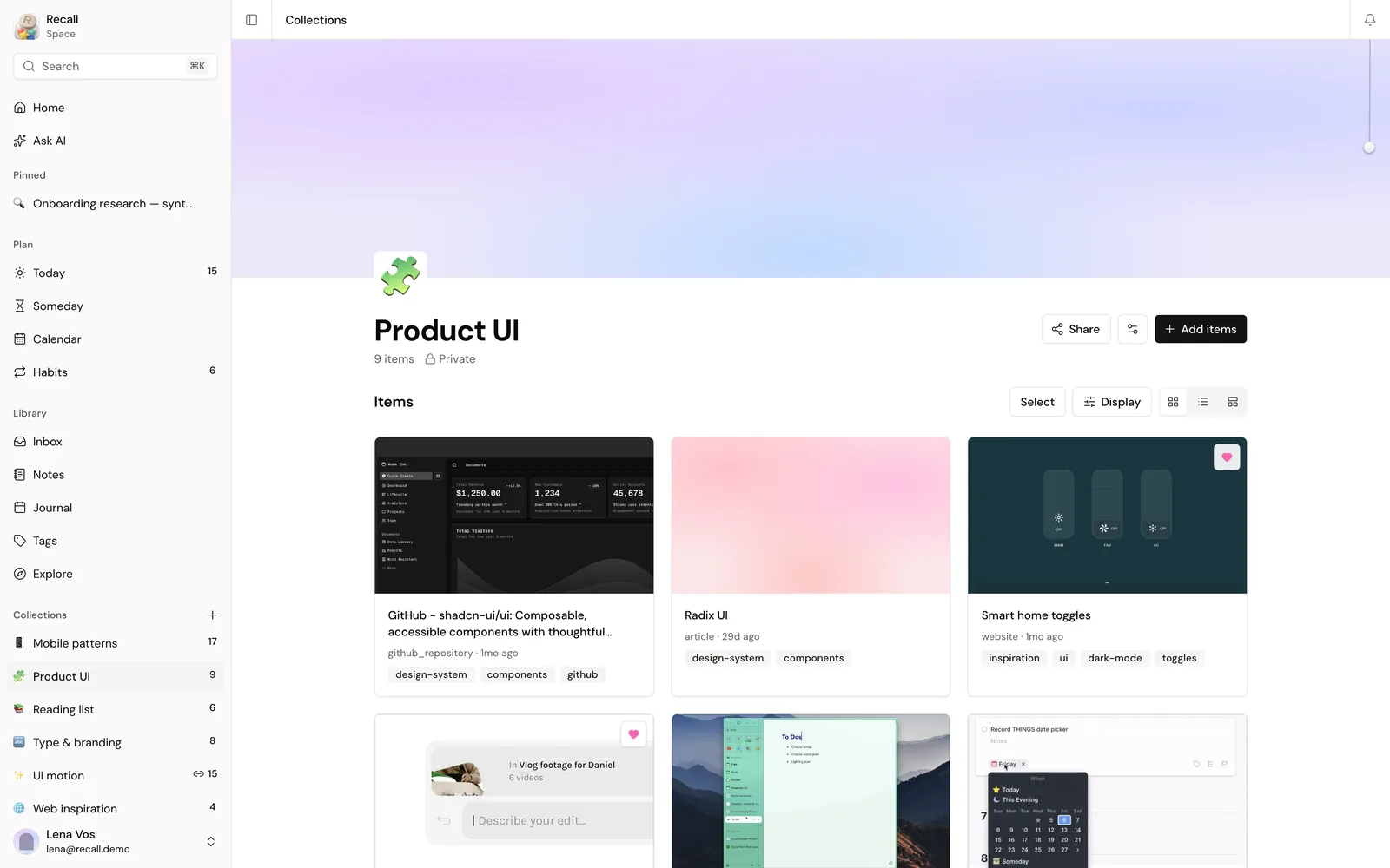 A collection called Product UI with saved components and links
