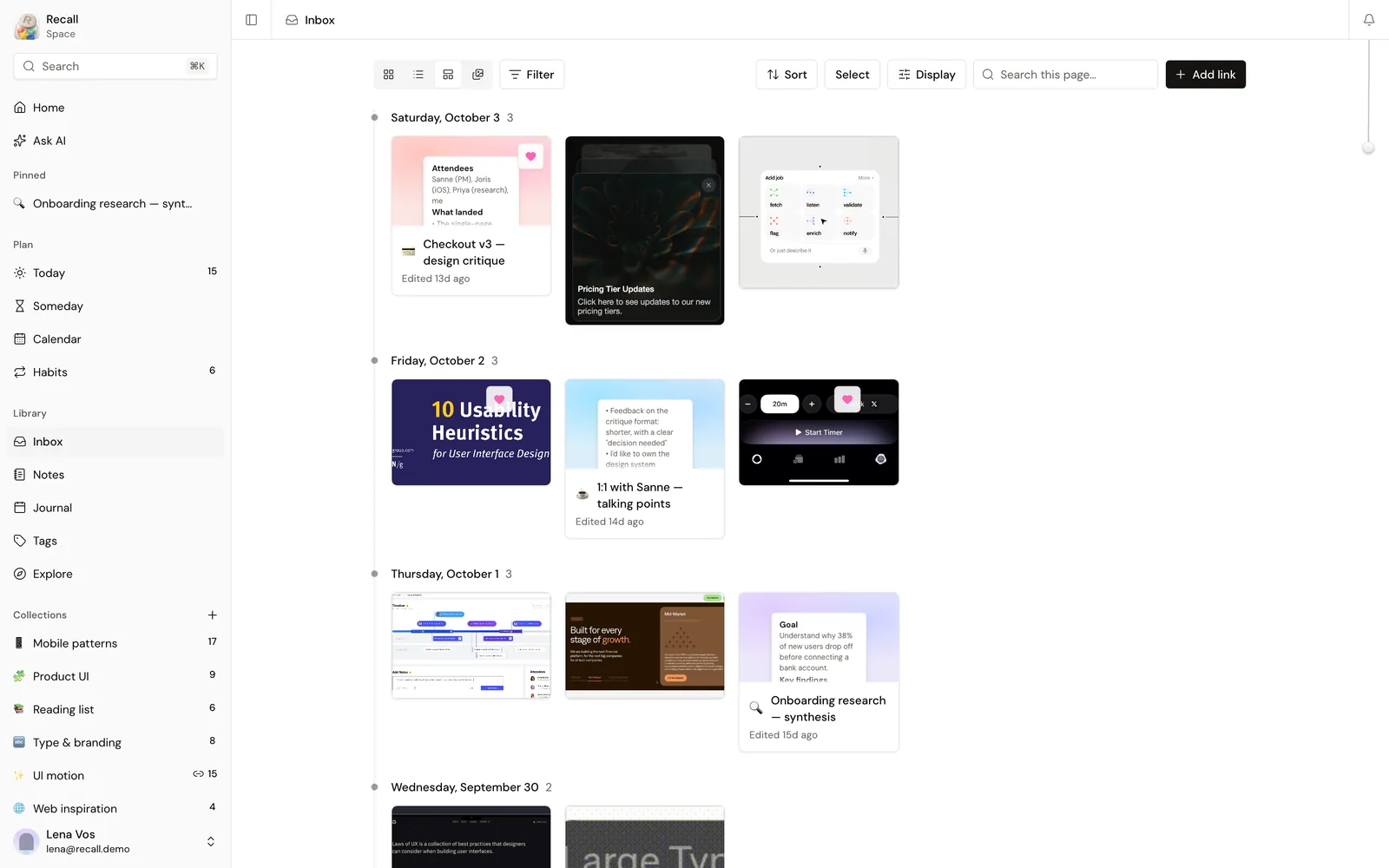The Inbox as a masonry grid of saved pages and images