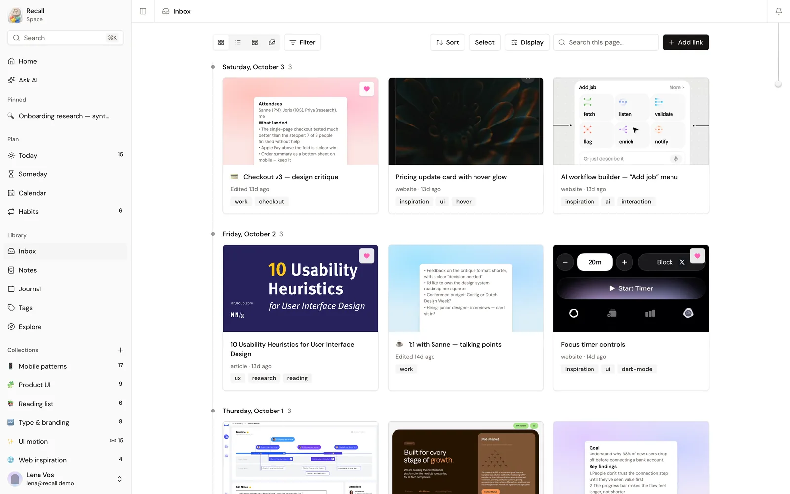 Recall on a laptop: the Inbox with saved links, notes and GIFs grouped by day