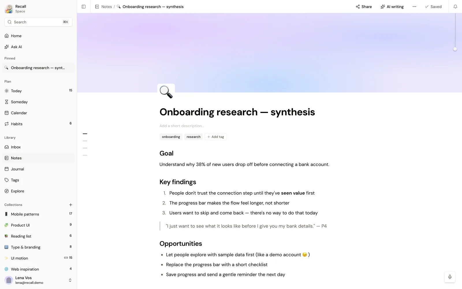 A research note with a cover, tags, headings and a numbered list