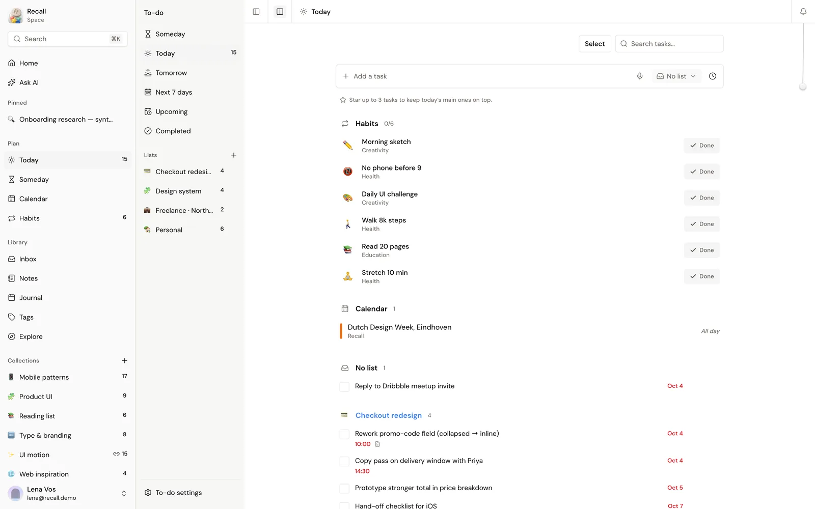 The Today list: habits, a calendar event and tasks