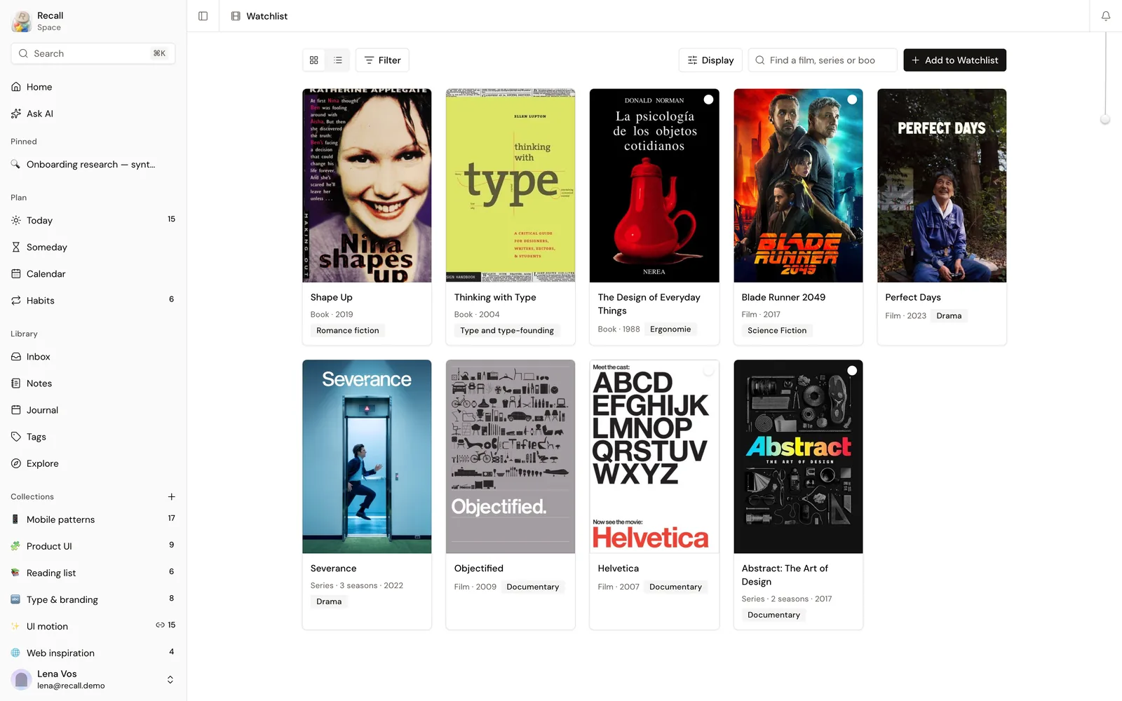The Watchlist: a grid of film and book covers