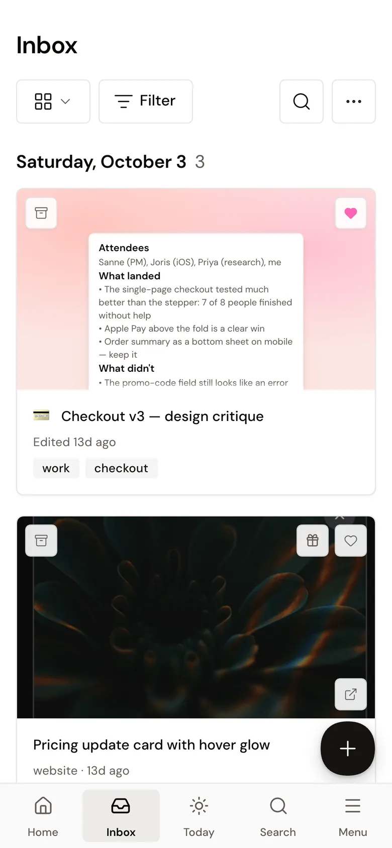 Recall on a phone: the Inbox with saved items grouped by day