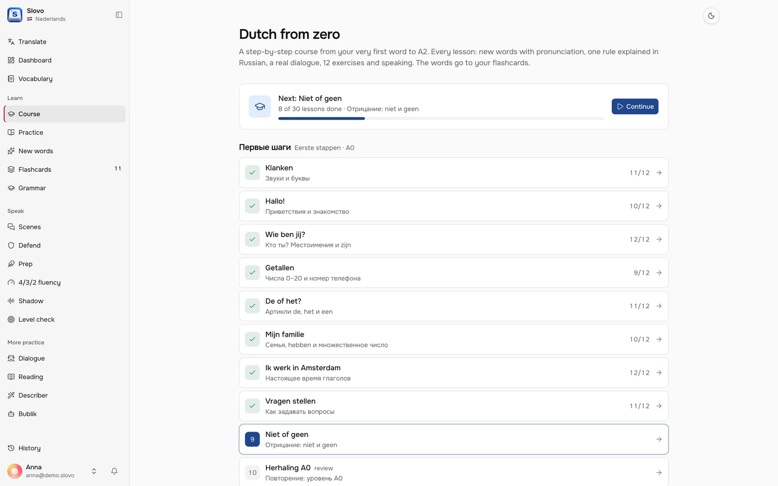 The Dutch from zero course: a list of lessons with scores
