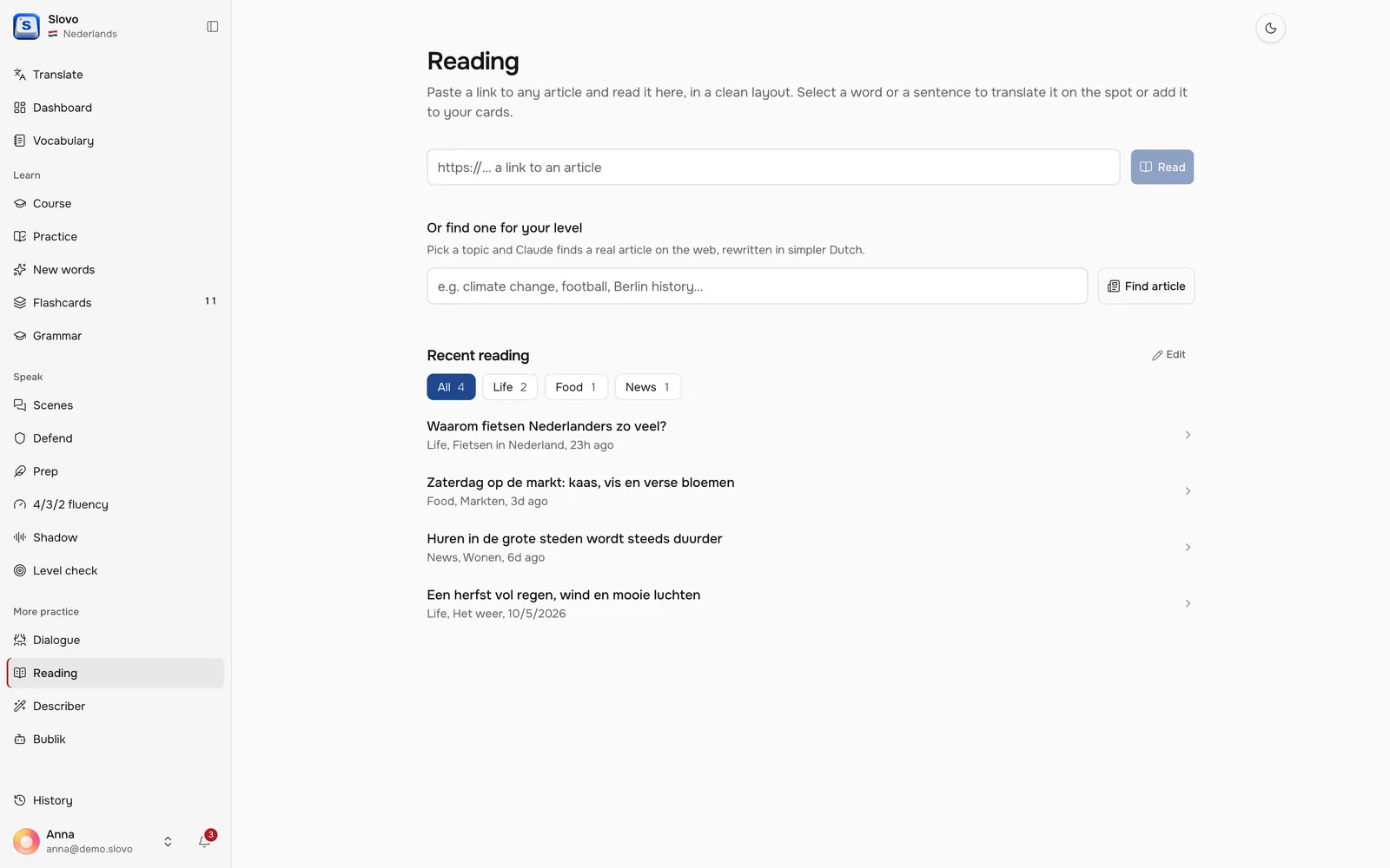 Reading: paste a link or find an article, recent Dutch articles below