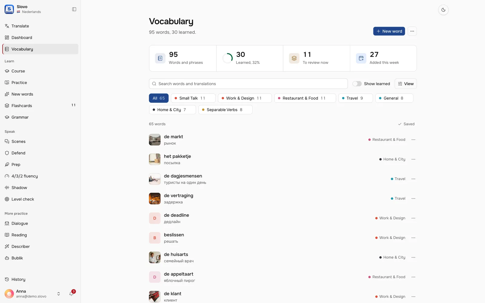Dutch vocabulary with topics and translations
