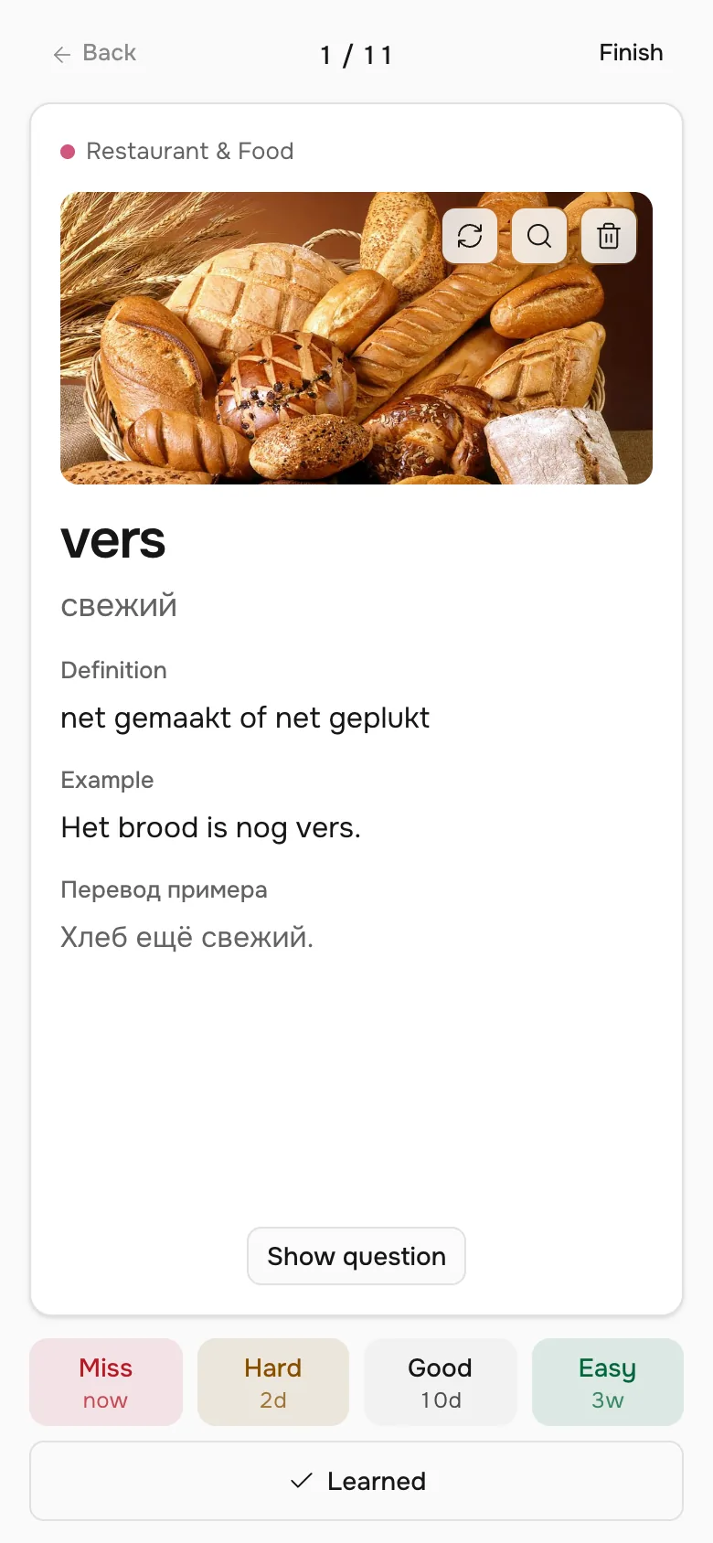 Slovo on a phone: a Dutch flashcard with the word, its translation and an example